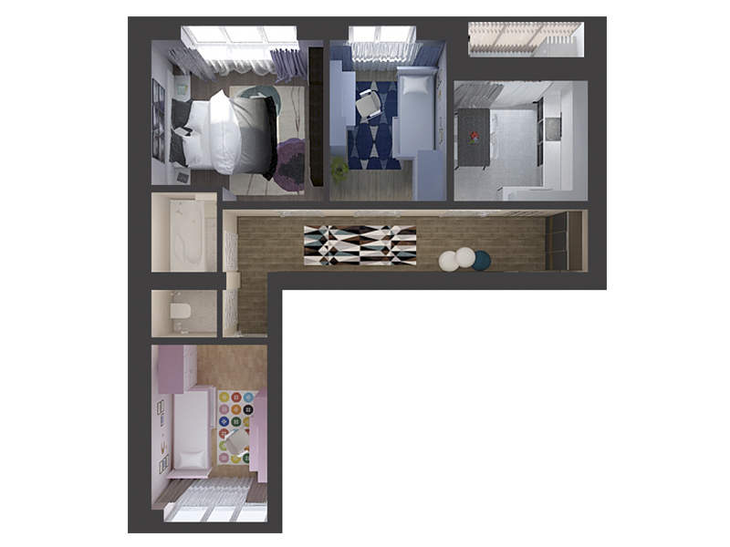 Визуальная планировка 3-комнатной квартиры квартала "Дружный"
